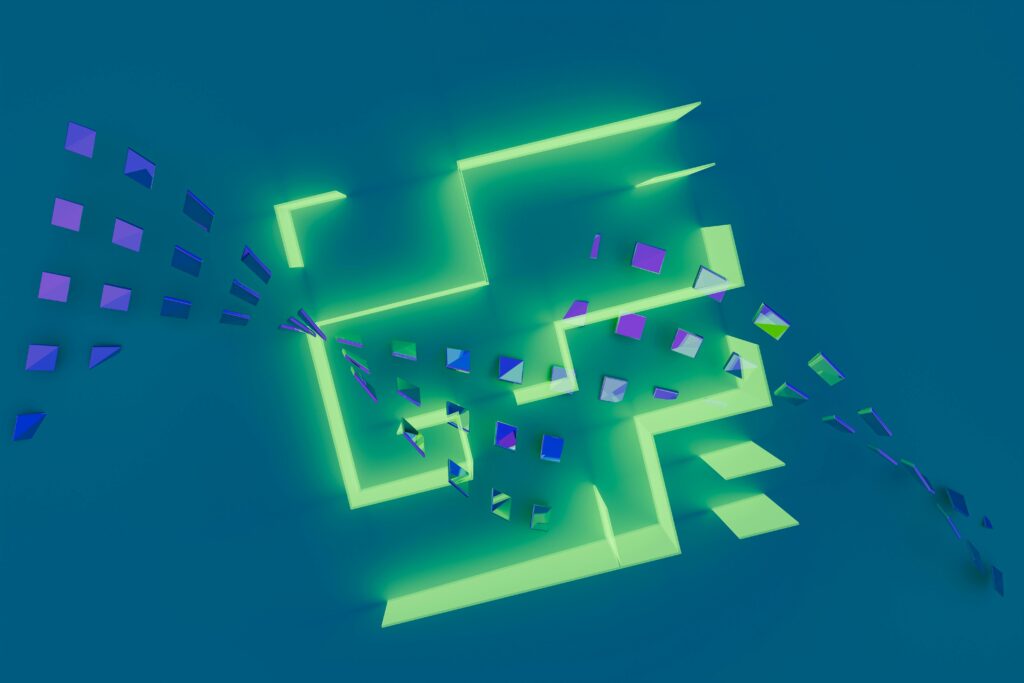 A vibrant 3D abstract design with glowing neon geometric shapes on a blue background.