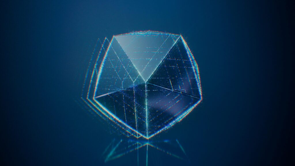 A digital rendering of a futuristic, abstract geometric shape on a blue gradient background.