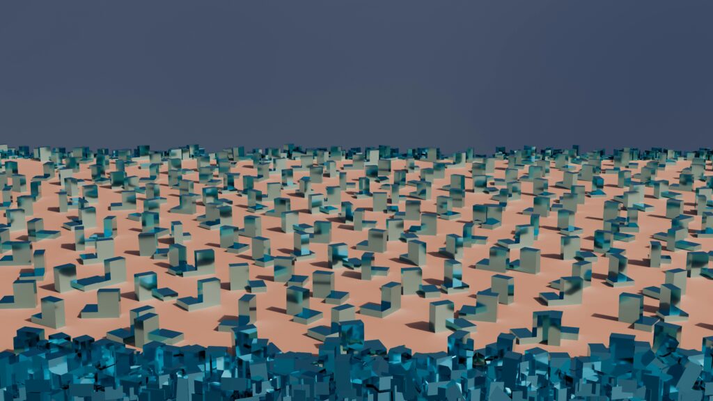 Intricate 3D abstract render of blue cubes creating a modern geometric landscape.