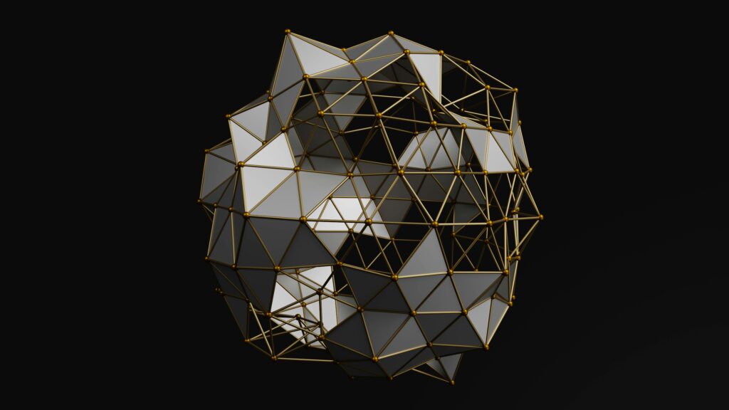 Intricate 3D geometric structure featuring gold framework and polygonal facets on a dark background.